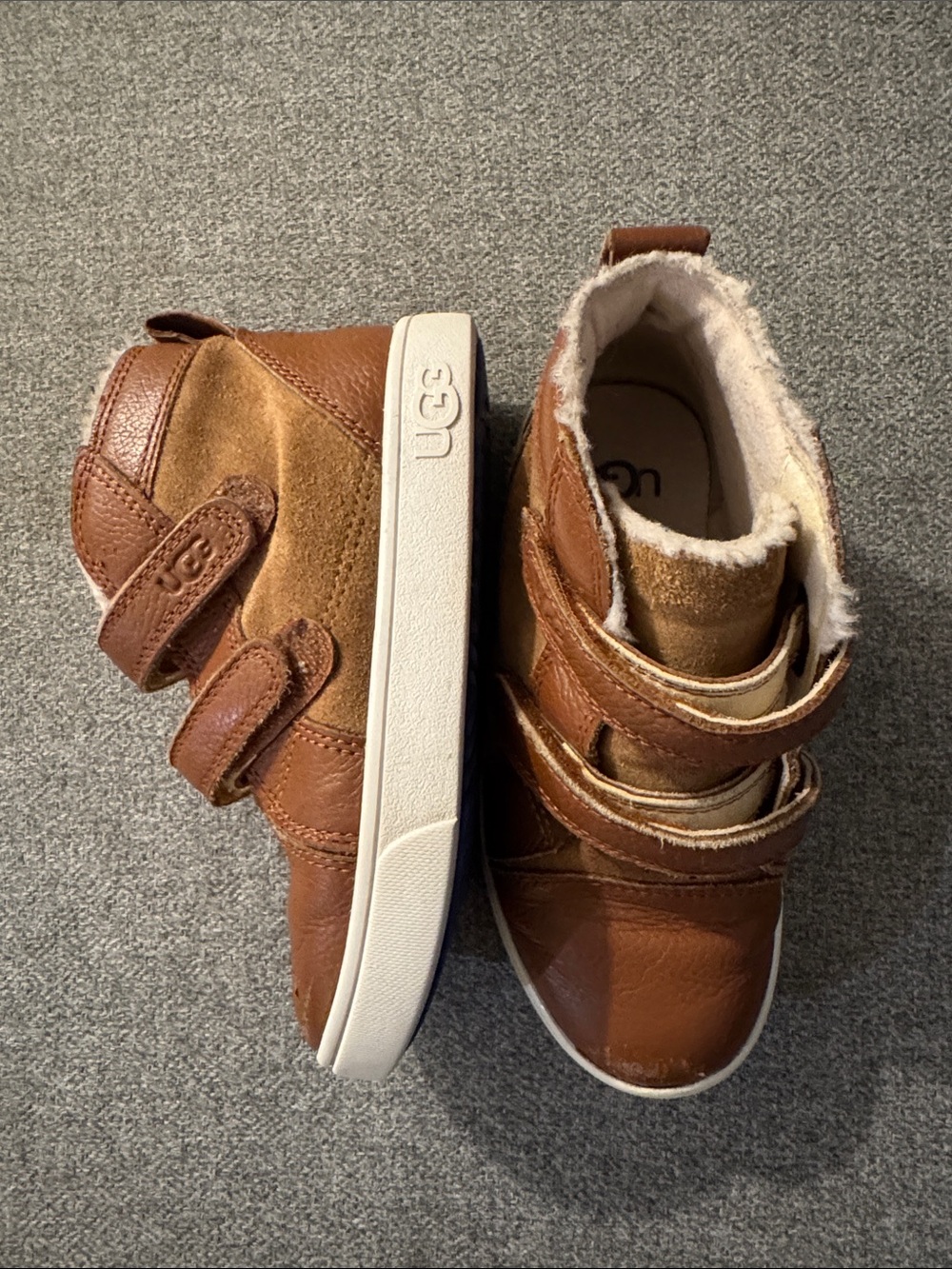 UGG Kids Chestnut Brown Leather & Suede High-Top Boots with Shearling Trim